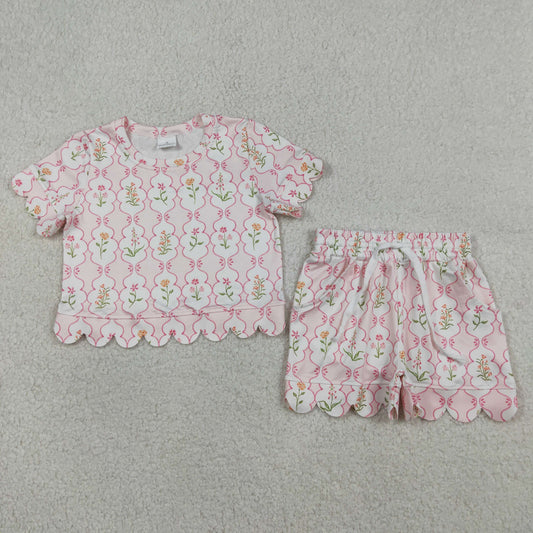 GSSO3271 Flower Pink White Ruffle Short Sleeve Shorts Girls Sets 202603 RTS