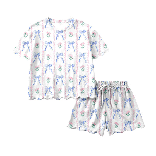MOQ 5 PCS Preorder GSSO3272 Flower Blue Bows Ruffle Short Sleeve Shorts Girls Sets 202601