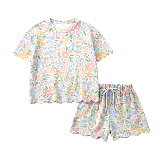 MOQ 5 PCS Preorder GSSO3273 Colored Floral Leaf Ruffle Short Sleeve Shorts Girls Sets 202601