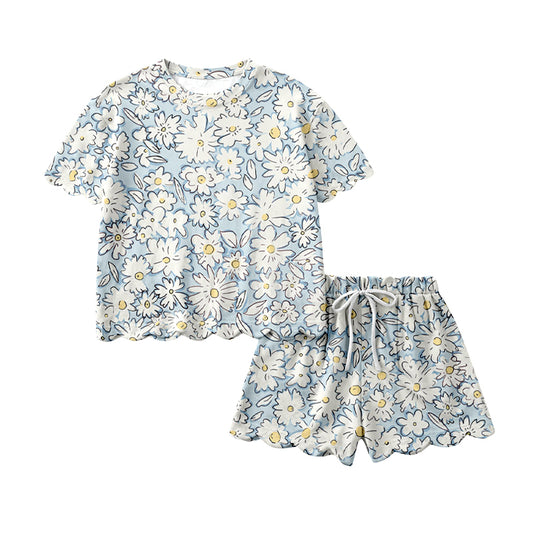 MOQ 5 PCS Preorder GSSO3275 Flower Light Blue Ruffle Short Sleeve Shorts Girls Sets 202601