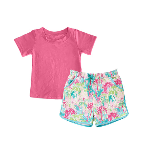 MOQ 5 PCS Preorder GSSO3277 Solid Rose Red Short Sleeve Palm Tree Pattern Shorts Girls Sets 202601