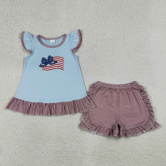 GSSO3278 Embroidered 4th of July Flag Bow Red Stripe Ruffle Fly Sleeve Top Blue Stripe Ruffle Shorts Girls Sets 202604 RTS