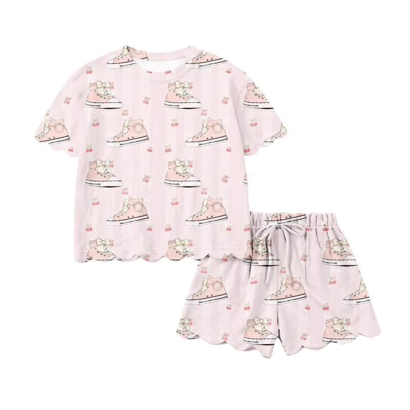 MOQ 5 PCS Preorder GSSO3282 Cherry Bow Shoes Pink Short Sleeve Shorts Girls Sets 202601