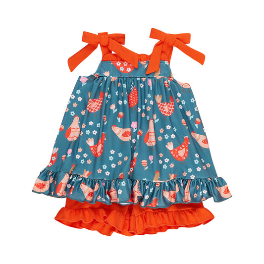MOQ 5 PCS Preorder GSSO3285 Chick Flower Blue Sleeveless Orange Ruffle Shorts Girls Sets 202601