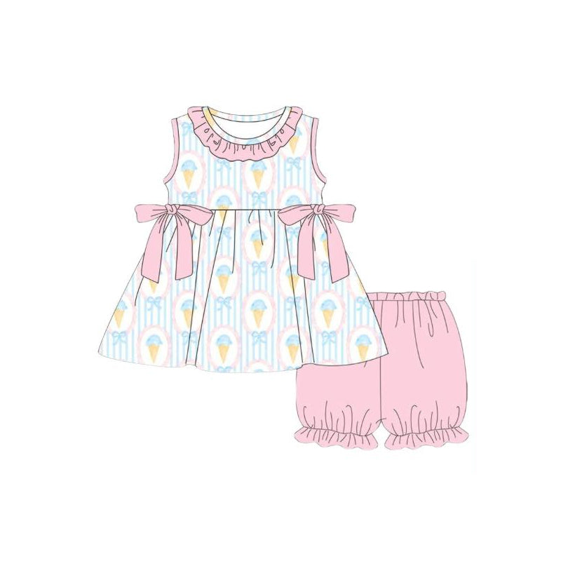 MOQ 5 PCS Preorder GSSO3286 Ice Cream Stripe Pink Bows Ruffle Sleeveless Shorts Girls Sets 202601