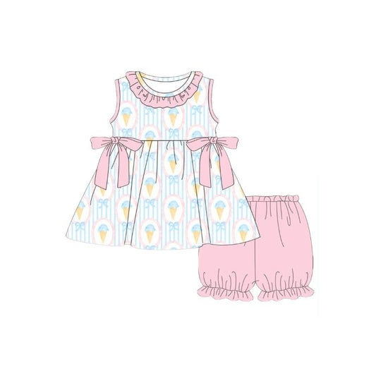 MOQ 5 PCS Preorder GSSO3286 Ice Cream Stripe Pink Bows Ruffle Sleeveless Shorts Girls Sets 202601