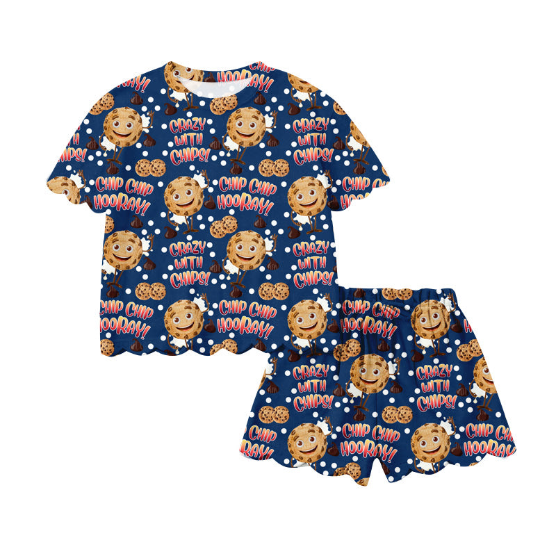 MOQ 30 PCS Preorder GSSO3289 Letter Cartoon Cookie Navy Ruffle Short Sleeve Shorts Girls Sets 202601