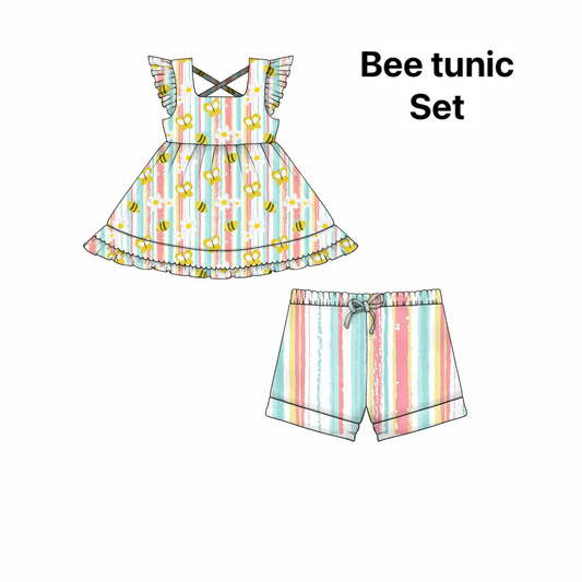 MOQ 5 PCS Preorder GSSO3290 Floral Butterfly Bee Colored Stripe Flying Sleeve Shorts Girls Sets 202601
