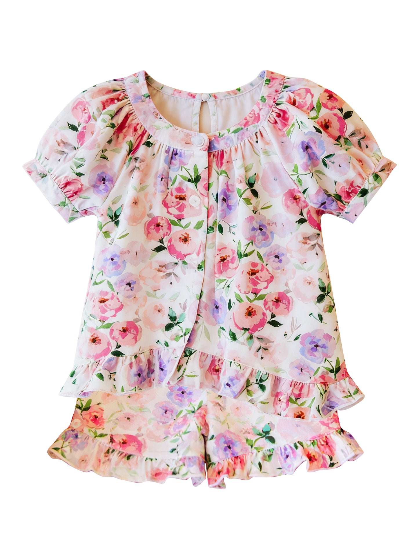 MOQ 5 PCS Preorder GSSO3291 Pink Purple Flower Short Sleeve Shorts Girls Sets 202601
