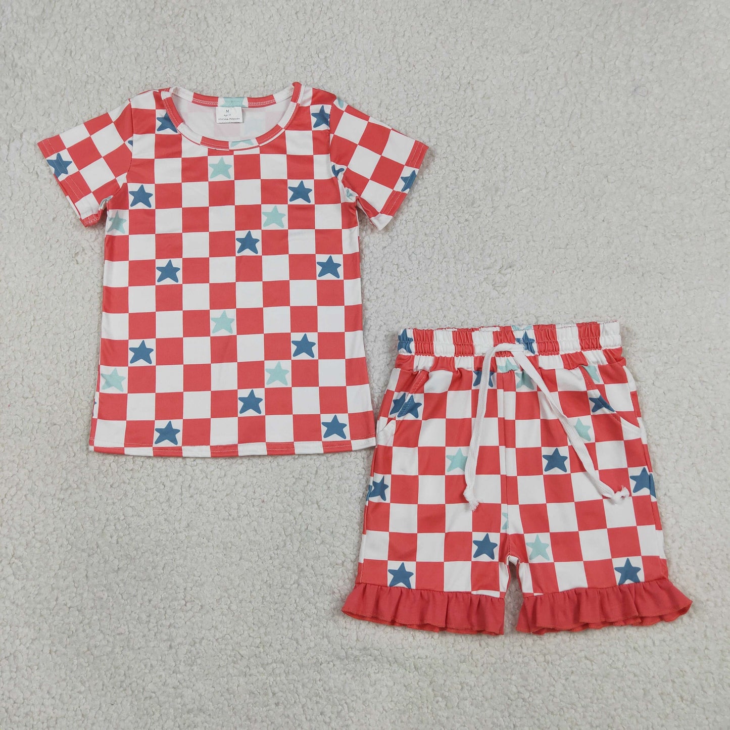 GSSO3293 Star Red Plaid Short Sleeve Ruffle Shorts Girls Sets 202605 RTS