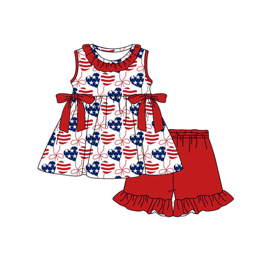MOQ 5 PCS Preorder GSSO3294 4th of July Star Stripe Love Balloon Bow Pattern Red Sleeveless Ruffle Shorts Girls Sets 202601