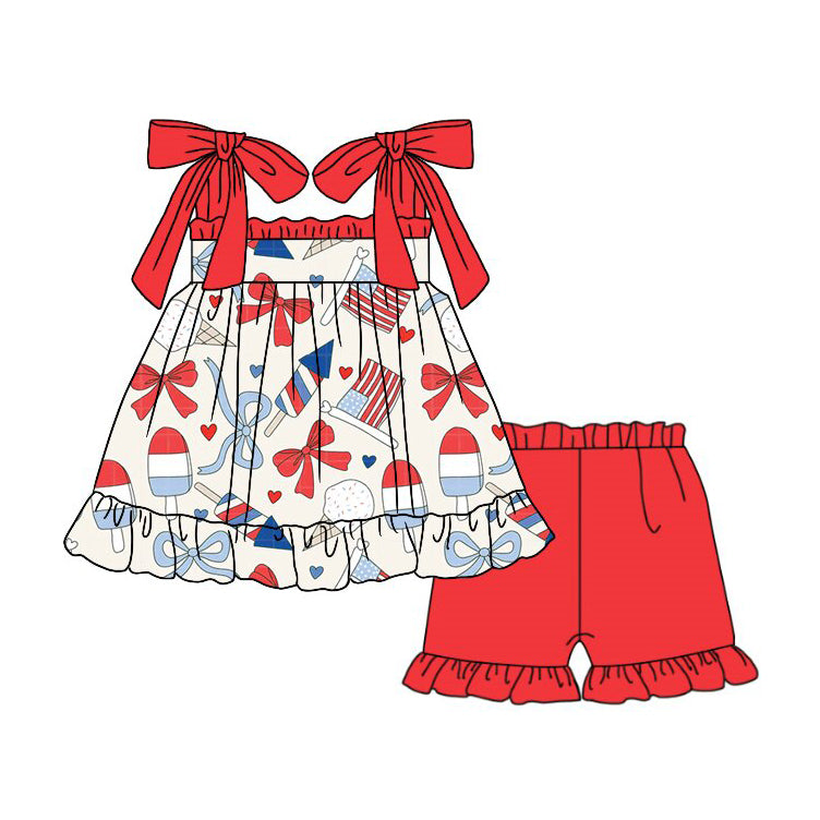 MOQ 5 PCS Preorder GSSO3295 4th of July Star Bow Ice Cream Red Ruffle Sleeveless Shorts Girls Sets 202601