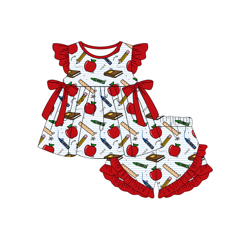 MOQ 5 PCS Preorder GSSO3297 Back to School Apple Pencil Bow Red Flying Sleeve Shorts Girls Sets 202602