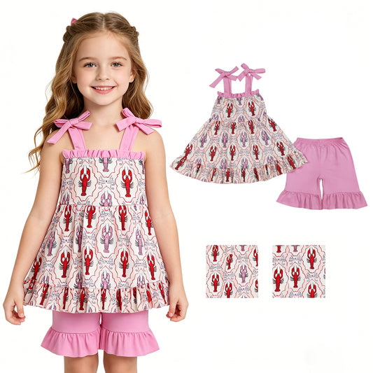 GSSO3299 Crayfish Pink Ruffle Sleeveless Shorts Girls Sets 202604 RTS