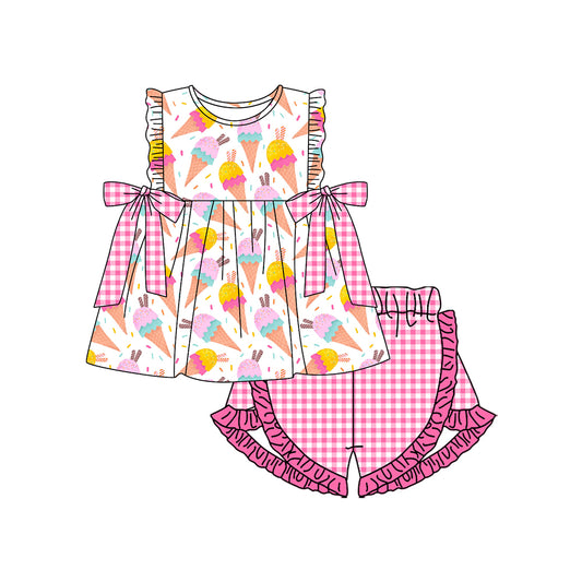 MOQ 5 PCS Preorder GSSO3300 Ice Cream Ruffle Pink Plaid Bows Sleeveless Shorts Girls Sets 202601