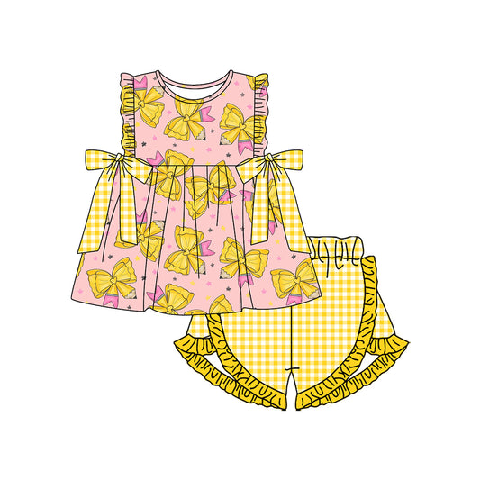 MOQ 5 PCS Preorder GSSO3301 Back to School Bows Pencil Ruffle Sleeveless Yellow Plaid Shorts Girls Sets 202601
