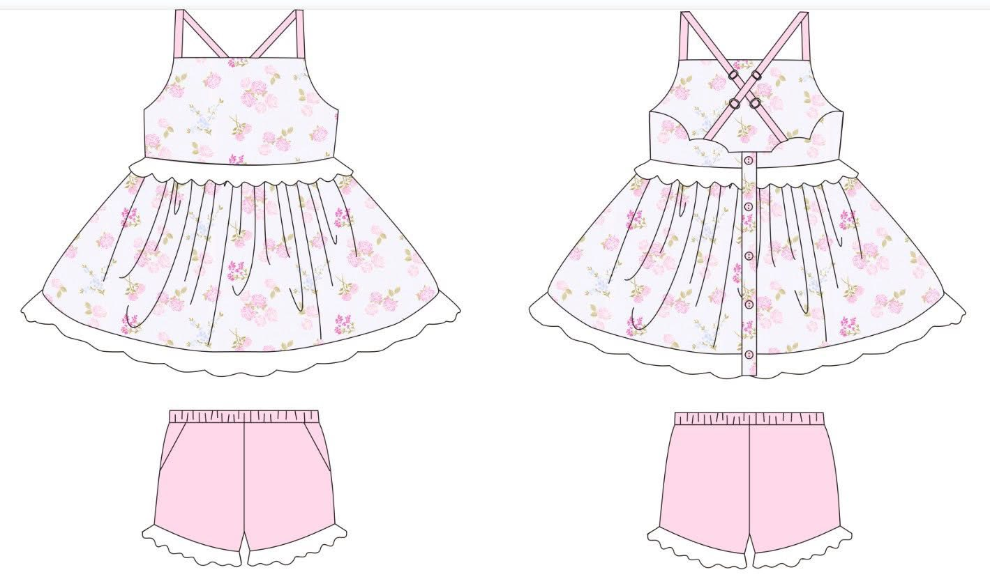 MOQ 5 PCS Preorder GSSO3303 Flower Ruffle Sleeveless Pink Shorts Girls Sets 202601