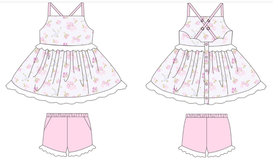 MOQ 5 PCS Preorder GSSO3303 Flower Ruffle Sleeveless Pink Shorts Girls Sets 202601