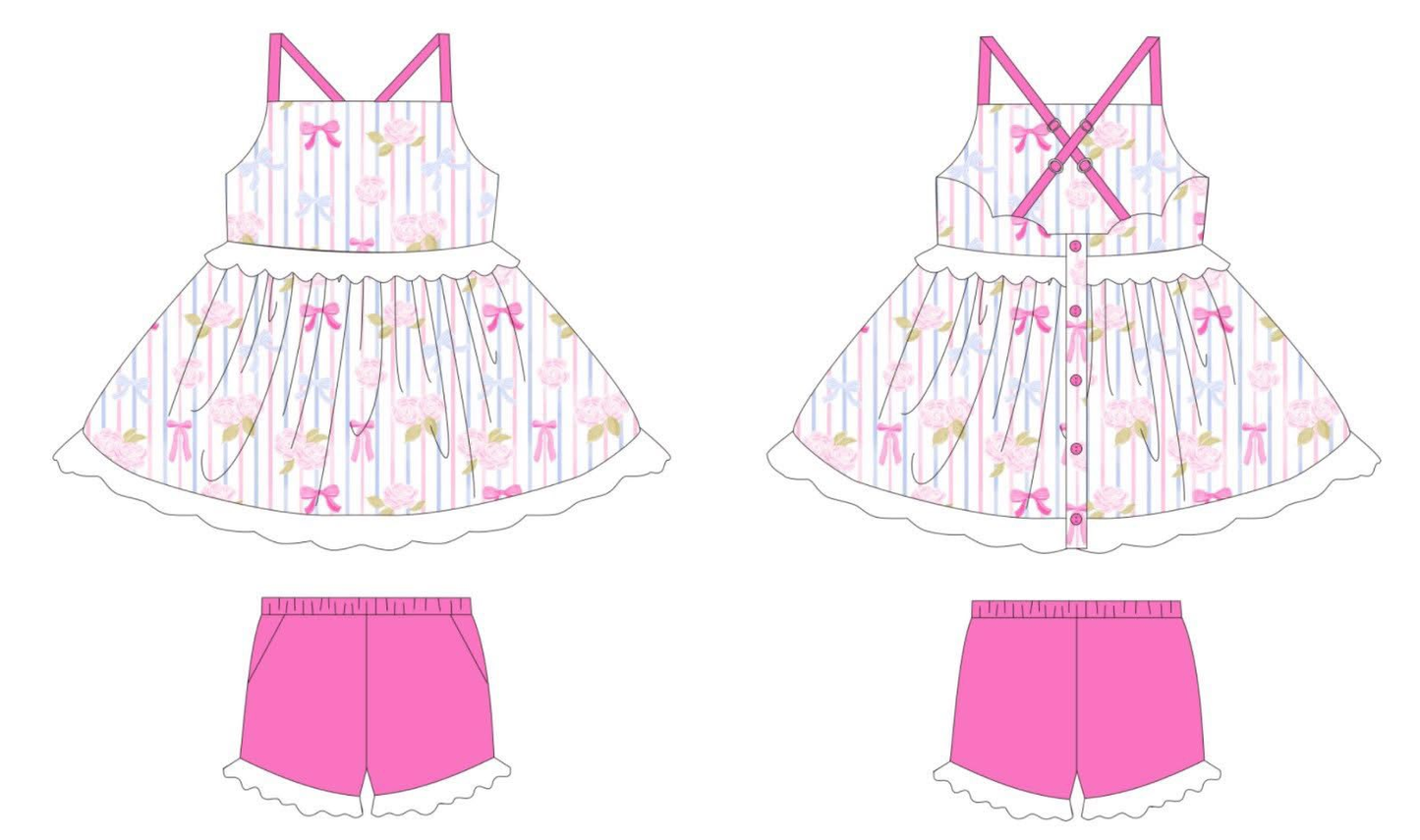 MOQ 5 PCS Preorder GSSO3304 Bows Flower Stripe Ruffle Sleeveless Purple Red Shorts Girls Sets 202601