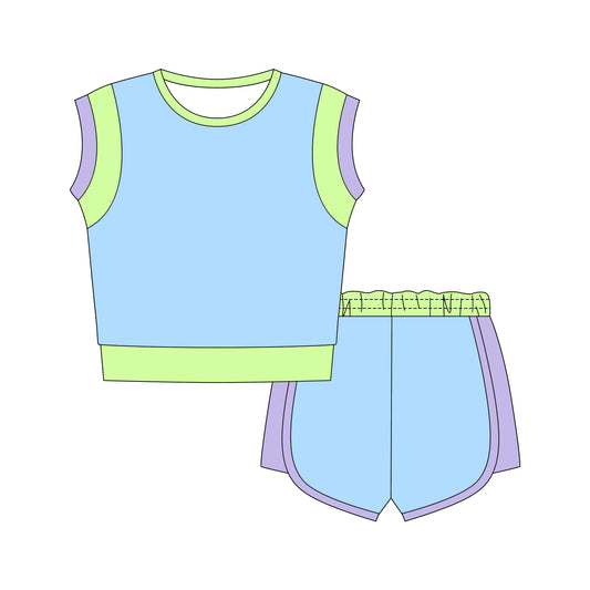 MOQ 5 PCS Preorder GSSO3308 Solid Blue Green Pink Patchwork Sleeveless Shorts Girls Sets 202601