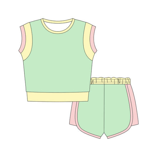 MOQ 5 PCS Preorder GSSO3309 Solid Yellow Green Pink Patchwork Sleeveless Shorts Girls Sets 202601