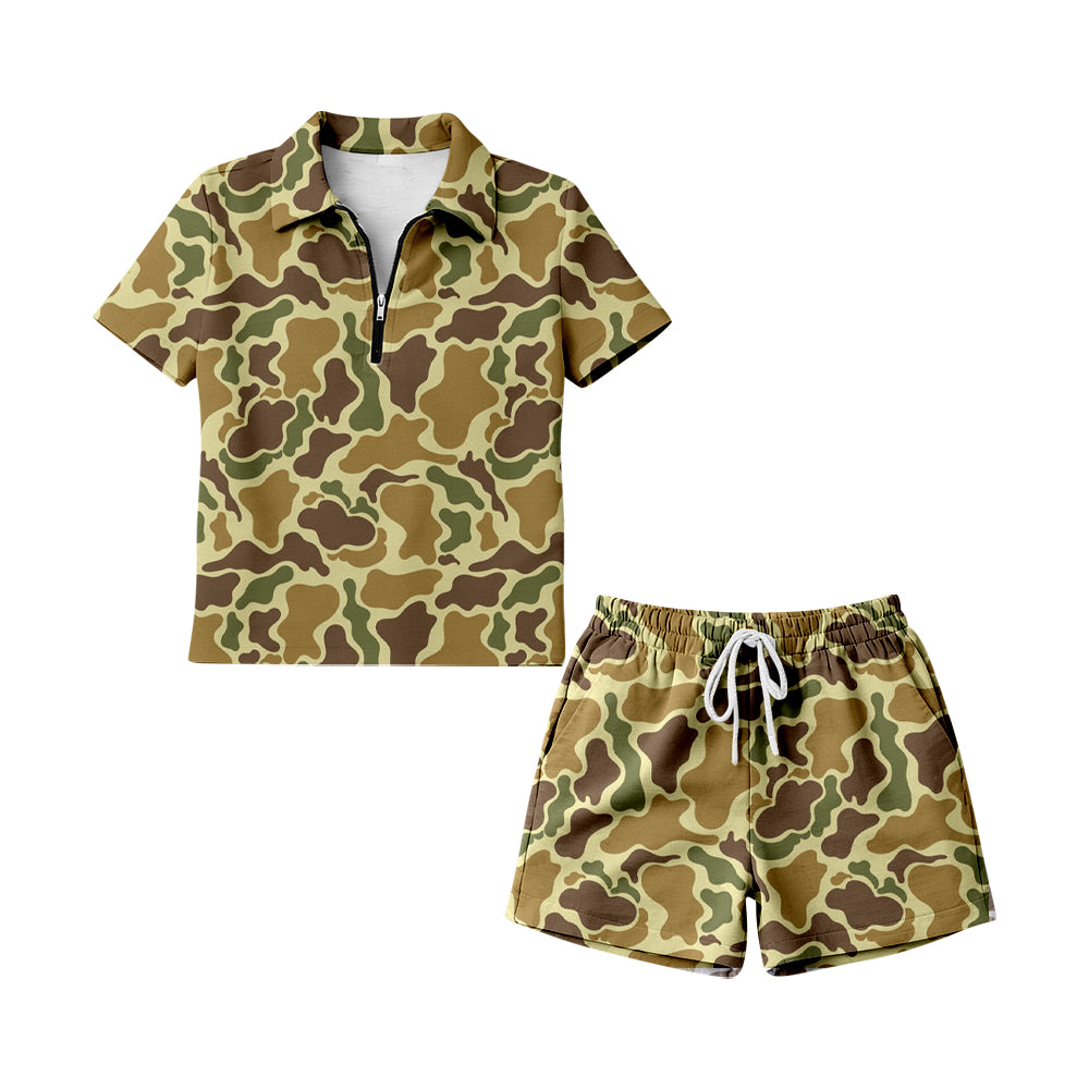 MOQ 5 PCS preorder GSSO3316 Adult Female Yellow Green Brown Camouflage Zip Polo Short Sleeve Shorts Sets 202601