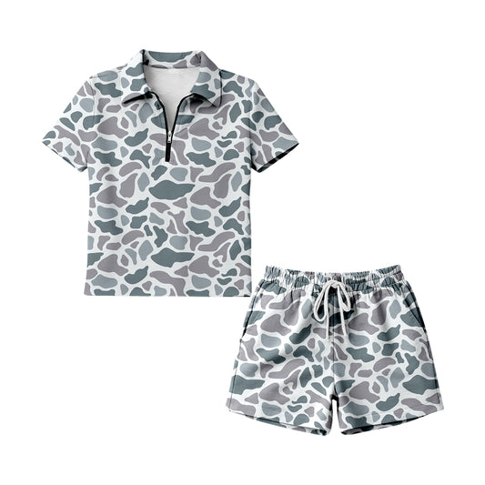 MOQ 5 PCS preorder GSSO3318 Adult Female Gray Blue Camouflage Zip Polo Short Sleeve Shorts Sets 202601