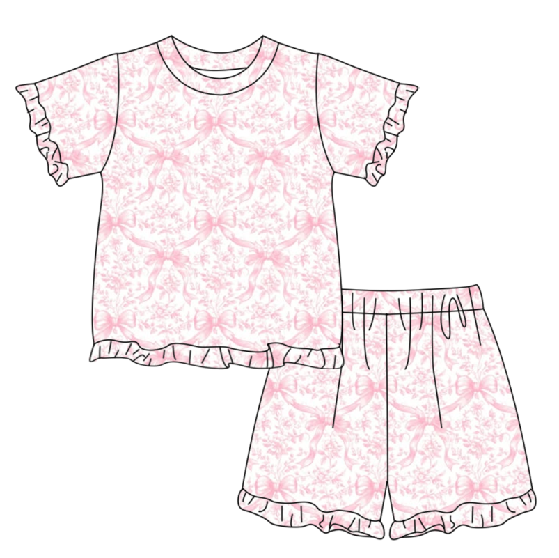 MOQ 5 PCS Preorder GSSO3320 Pink Flower Bows Ruffle Short Shorts Girls Sets 202601