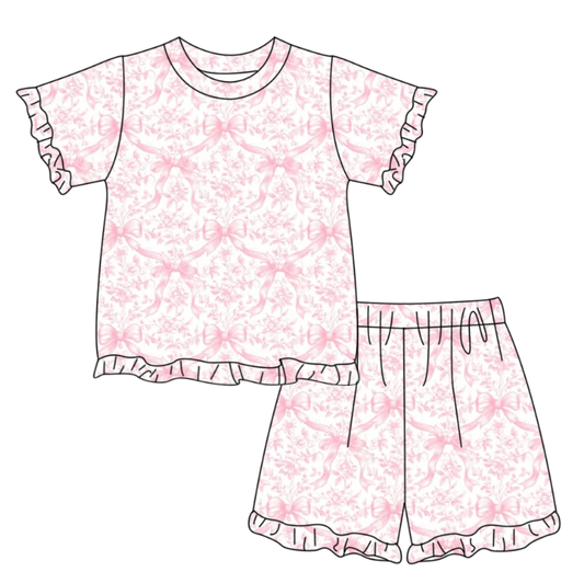 MOQ 5 PCS Preorder GSSO3320 Pink Flower Bows Ruffle Short Shorts Girls Sets 202601