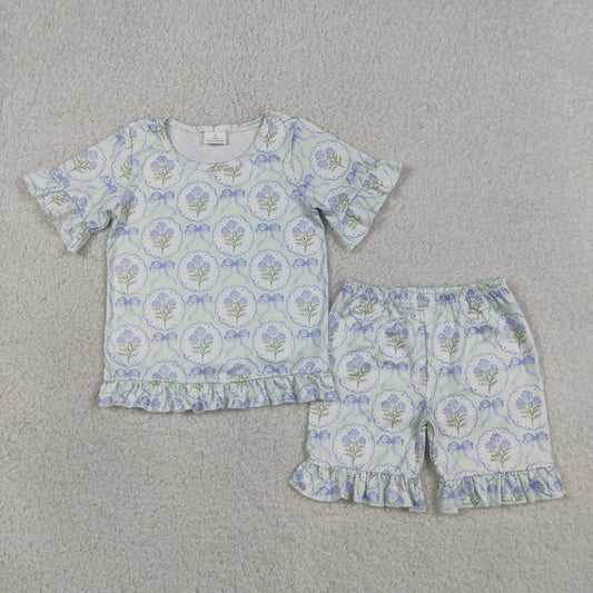 GSSO3323 Blue Bows Flower Ruffle Short Shorts Girls Sets 202604 RTS