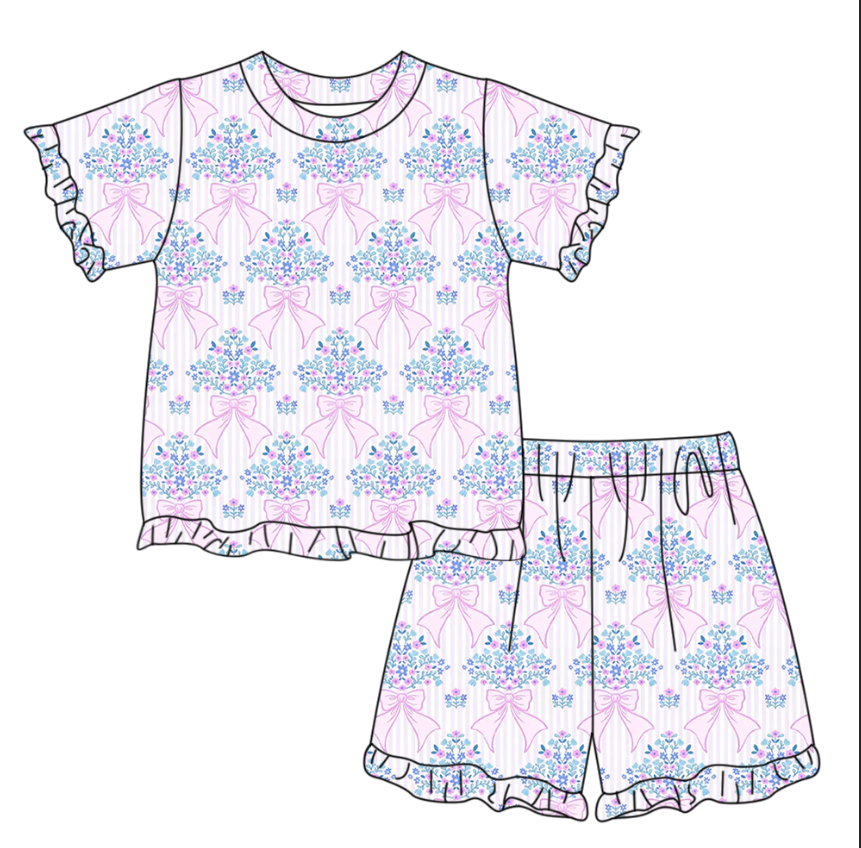 MOQ 5 PCS Preorder GSSO3324 Pink Bows Flower Stripe Ruffle Short Shorts Girls Sets 202601