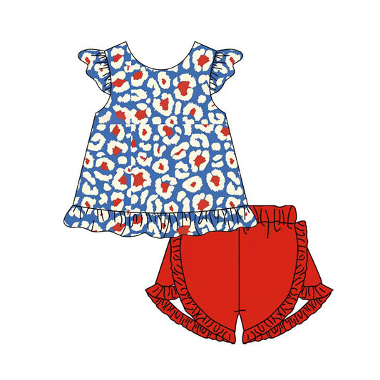 MOQ 5 PCS Preorder GSSO3334 Leopard Blue Fly Sleeve Shorts Girls Sets 202601