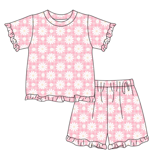 MOQ 5 PCS Preorder GSSO3336 Flower Pink Plaid Ruffle Short Sleeve Shorts Girls Sets 202601