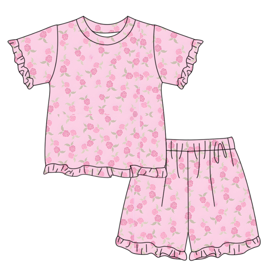 MOQ 5 PCS Preorder GSSO3338 Flower Leaf Pink Ruffle Short Sleeve Shorts Girls Sets 202601