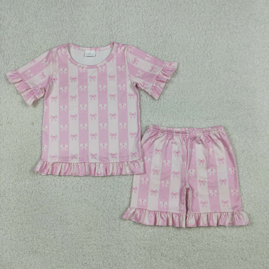 GSSO3341 Pink Bows Stripe Ruffle Short Sleeve Shorts Girls Sets 202604