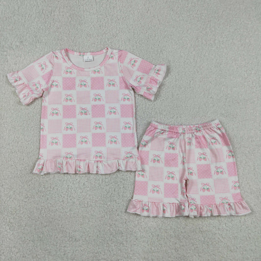 GSSO3342 Pink Bows Strawberry Plaid White Ruffle Short Sleeve Shorts Girls Sets 202605 RTS