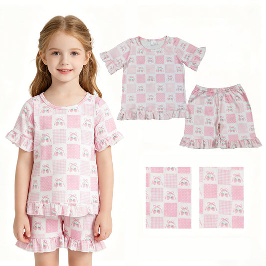 GSSO3342 Pink Bows Strawberry Plaid White Ruffle Short Sleeve Shorts Girls Sets 202605 RTS