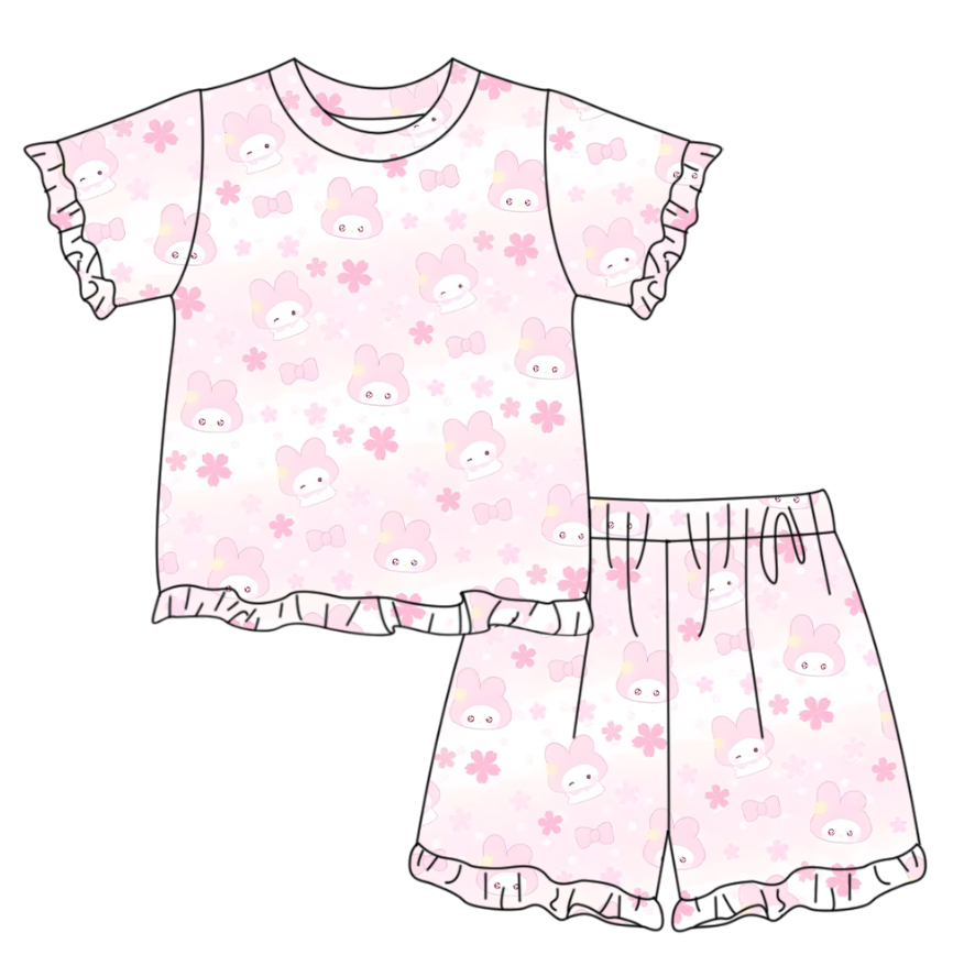 MOQ 5 PCS Preorder GSSO3344 Cartoon Bunny Bows Flower Pink Ruffle Short Sleeve Shorts Girls Sets 202601