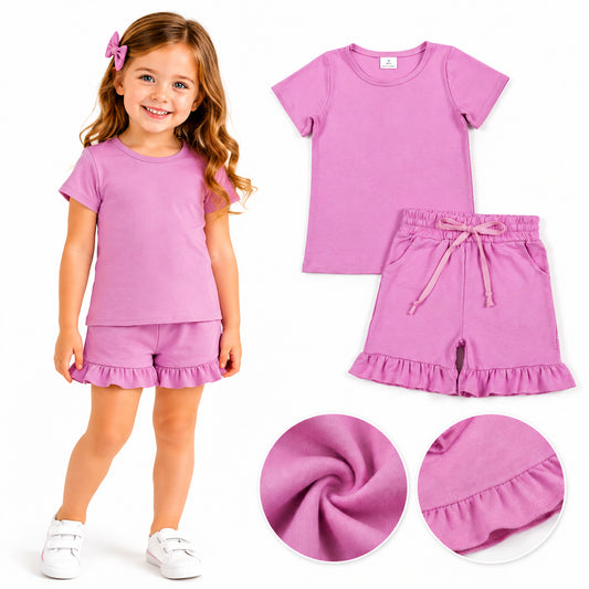 GSSO3348 Solid Pink Ruffle Short Sleeve Shorts Girls Sets 202606 RTS