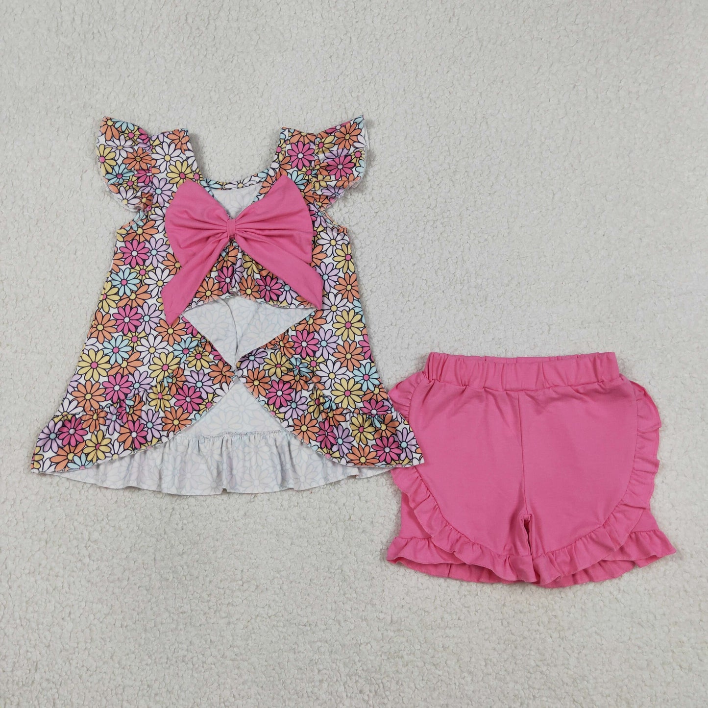GSSO3353 Flower Big Bow Flying Sleeve Rose Red Ruffle Shorts Girls Sets 202604 RTS