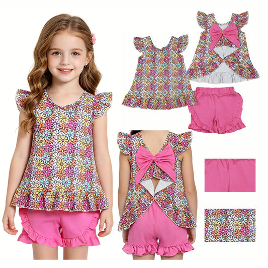 GSSO3353 Flower Big Bow Flying Sleeve Rose Red Ruffle Shorts Girls Sets 202604 RTS