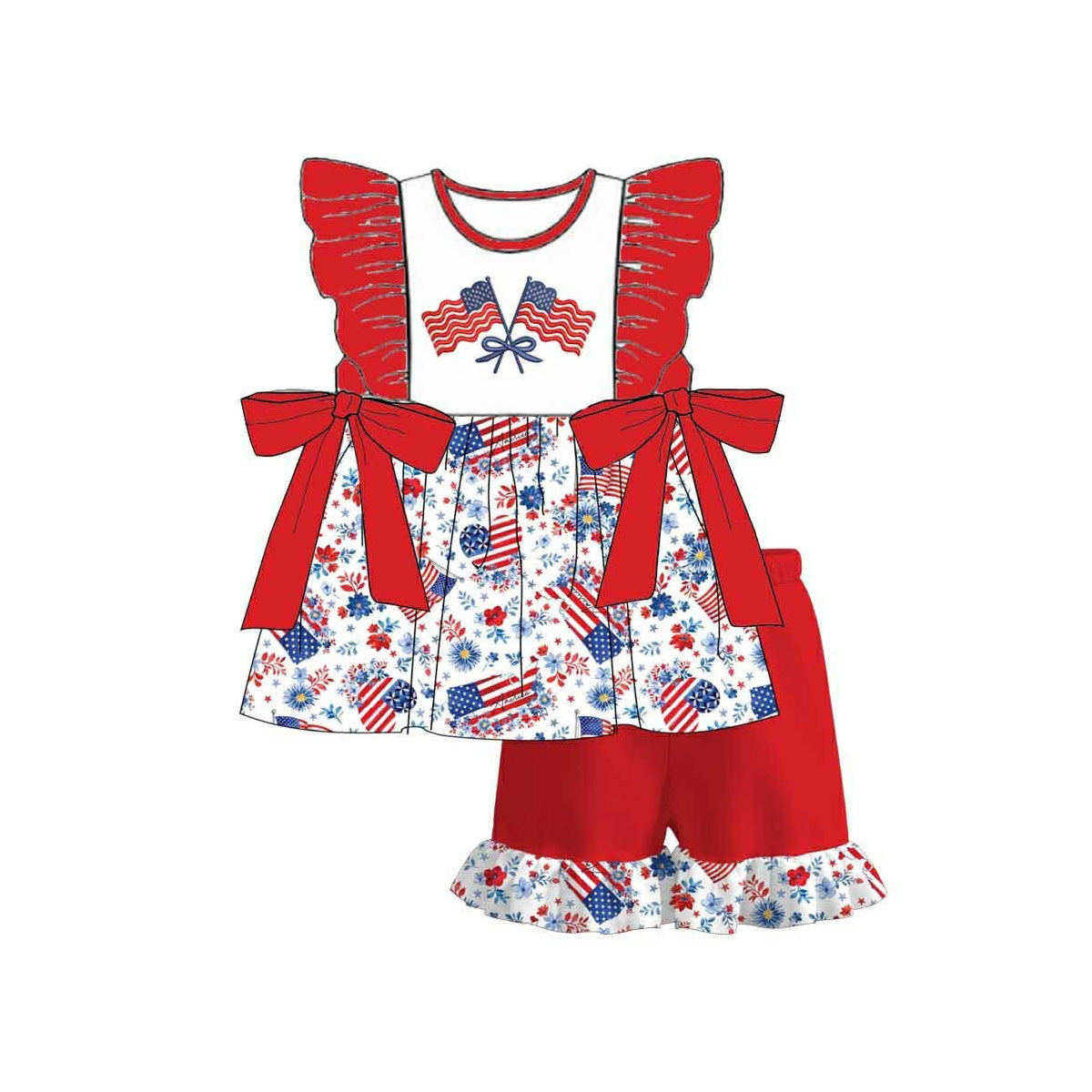 MOQ 5 PCS Preorder GSSO3355 4th of July Flag Bows Flower Red Ruffle Flying Sleeve Shorts Girls Sets 202602