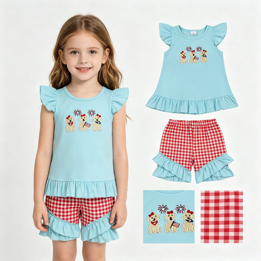 GSSO3356 Embroidered 4th of July Puppy Fireworks Flag Pea Green Ruffle Flying Sleeve Red Plaid Shorts Girls Sets 202605 RTS