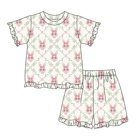 MOQ 5 PCS Preorder GSSO3357 Easter Bunny Leaf Ruffle Beige Short Sleeve Shorts Girls Sets 202602