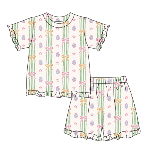 MOQ 5 PCS Preorder GSSO3358 Easter Colored Eggs Flower Bows Stripe Ruffle Beige Short Sleeve Shorts Girls Sets 202602