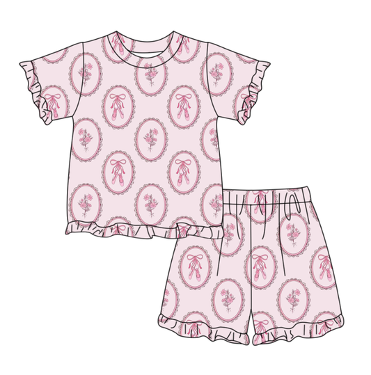 MOQ 5 PCS Preorder GSSO3360 Ballet Shoes Flower Bows Pink Ruffle Short Sleeve Shorts Girls Sets 202602