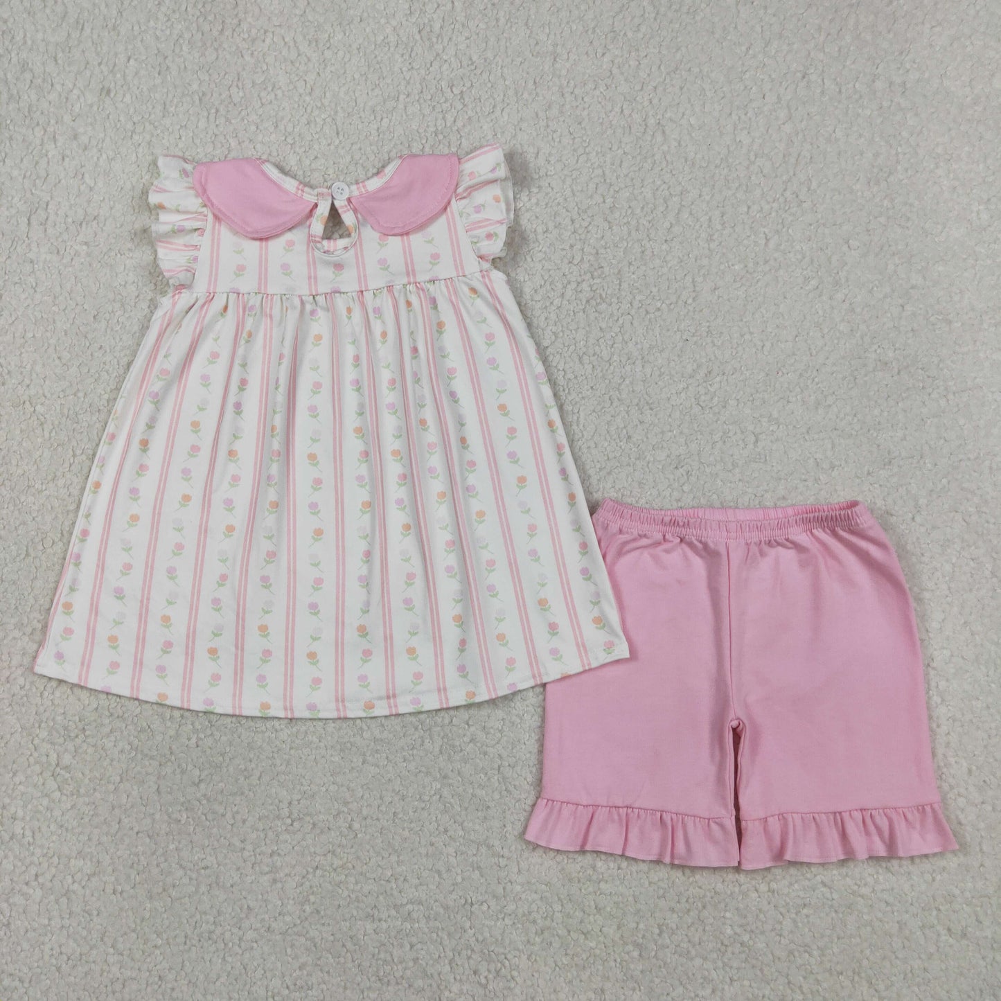 GSSO3363 Flower Ruffle Pink Stripe Flying Sleeve Shorts Girls Sets 202604 RTS