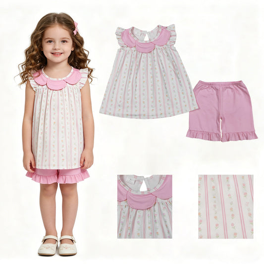 GSSO3363 Flower Ruffle Pink Stripe Flying Sleeve Shorts Girls Sets 202604 RTS