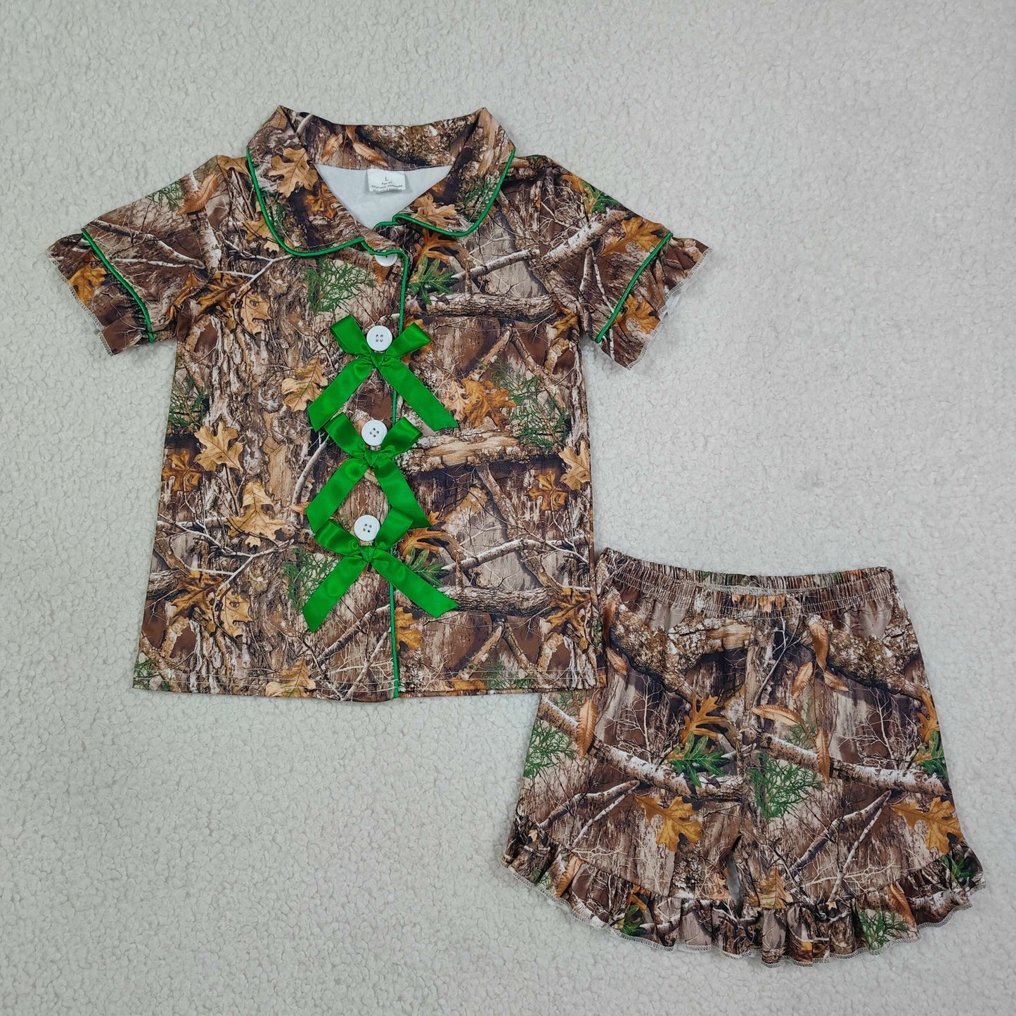GSSO3365 Branches Leaves Dark Green Bows Polo Short Sleeve Shorts Girls Pajama Sets 202608 RTS