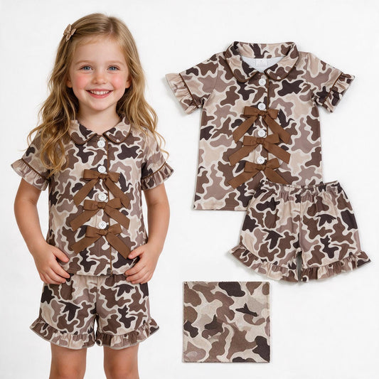 GSSO3368 Hunting Camo Mallard Ducks Bows Girls Shorts Pajamas Set